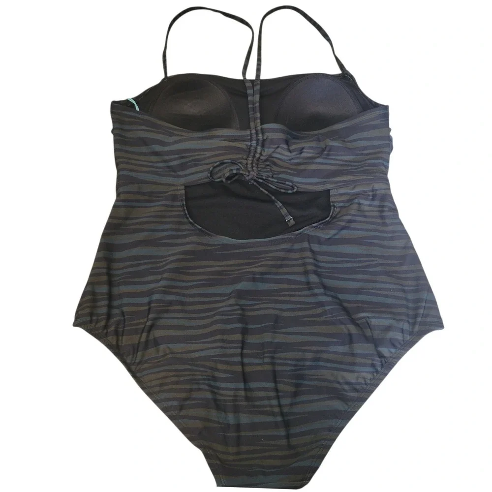 Kona Sol Womens XL Medium Coverage One Piece Swimsuit Grey Green Zebra Print NWT